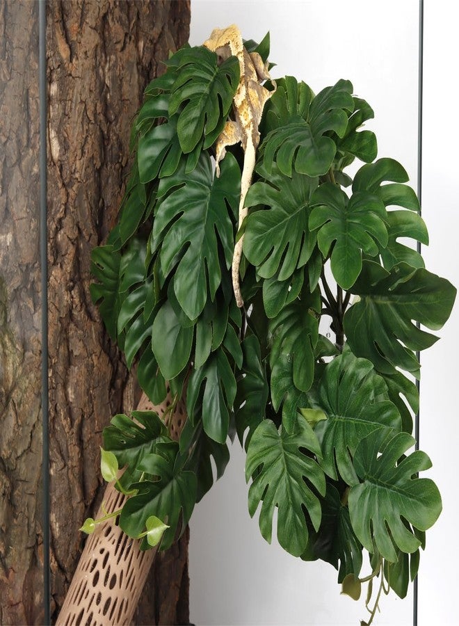 WOLEDOE 2Pack Reptile Fake Plants for Terrarium, Snake Tank Accessories, Habitat Decor Artificial Hanging Plants with Suction Cup - Fake Monstera - Image 4